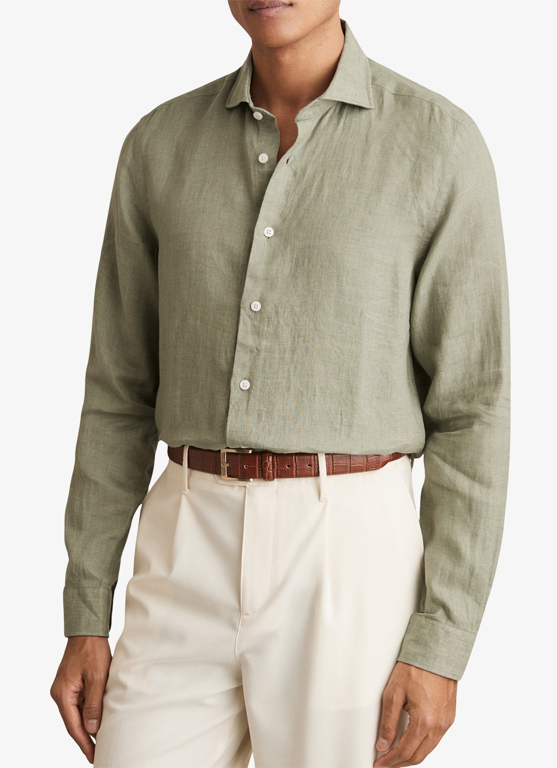 Reiss Ruban regular fit overhemd van linnen - detail olijfgroen