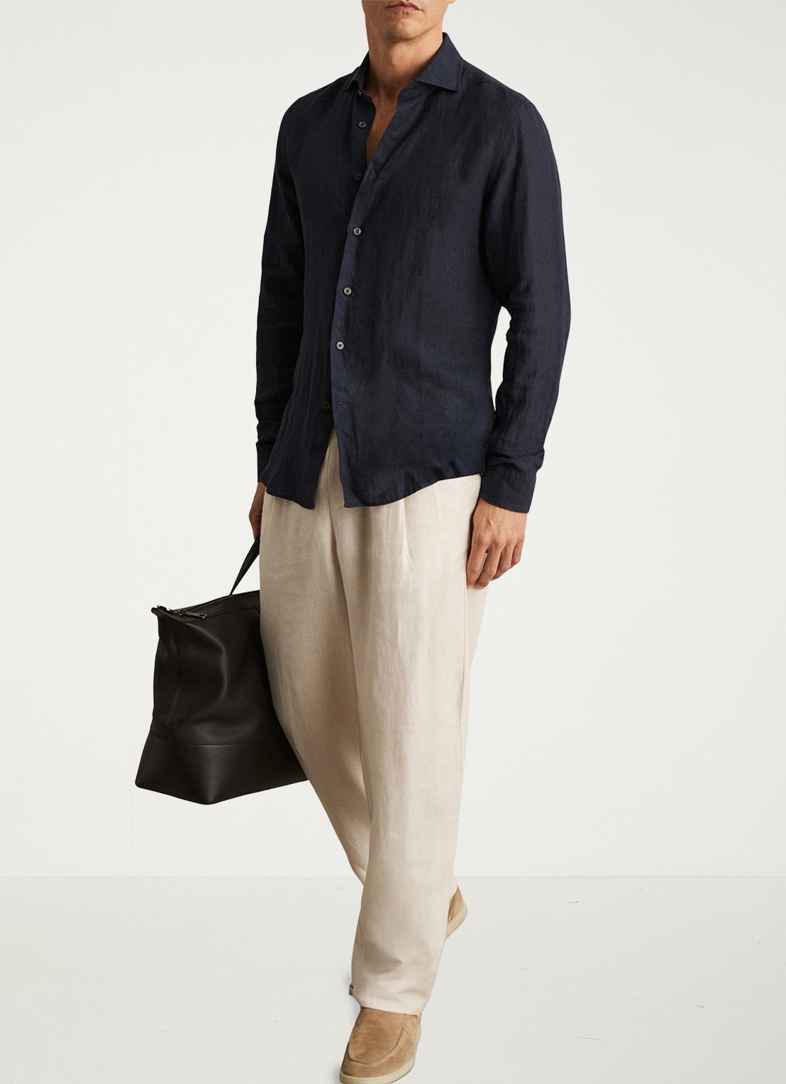 Reiss Ruban slim fit overhemd van linnen - voorkant 2 donkerblauw