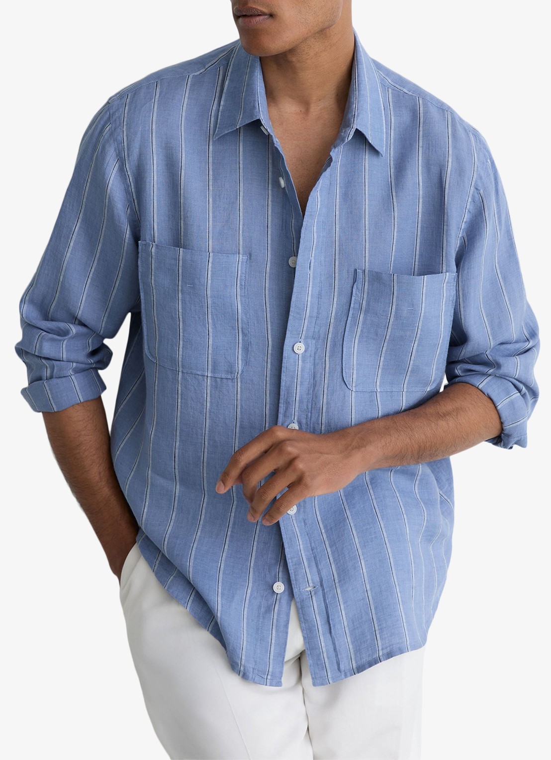 Reiss Rubus regular fit overhemd van linnen met streepprint - detail 3 blauw / wit