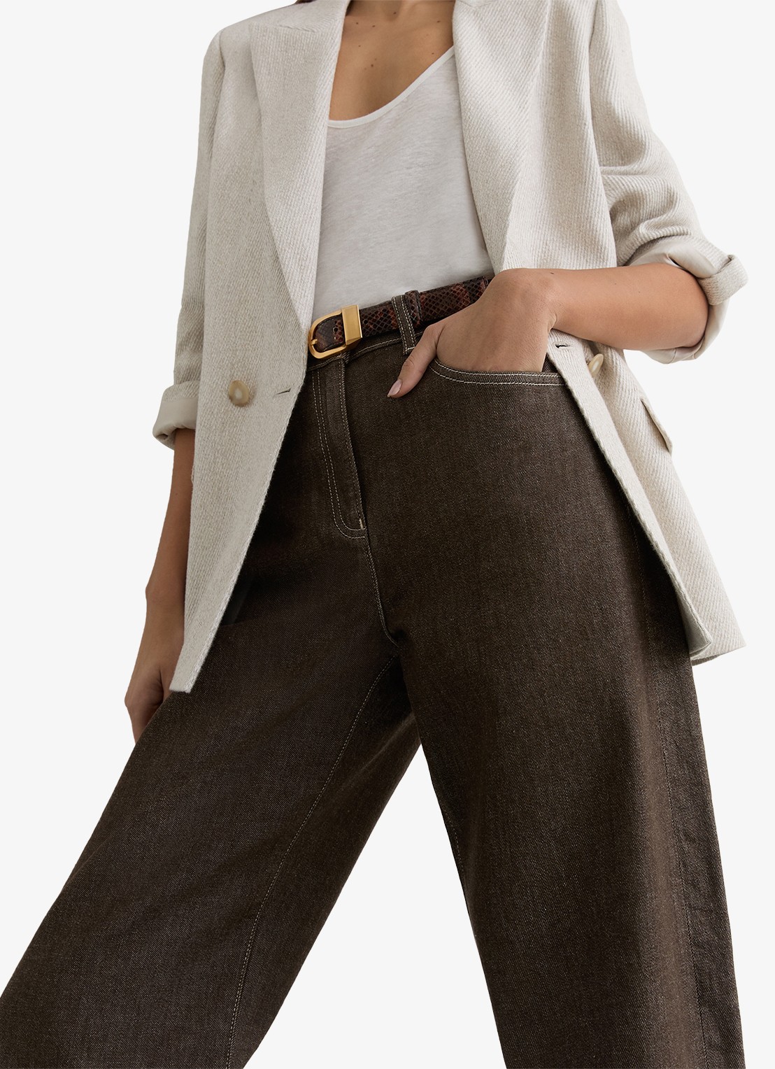 Reiss Sabel high waist tapered fit jeans met steekzakken - detail 4 bruin