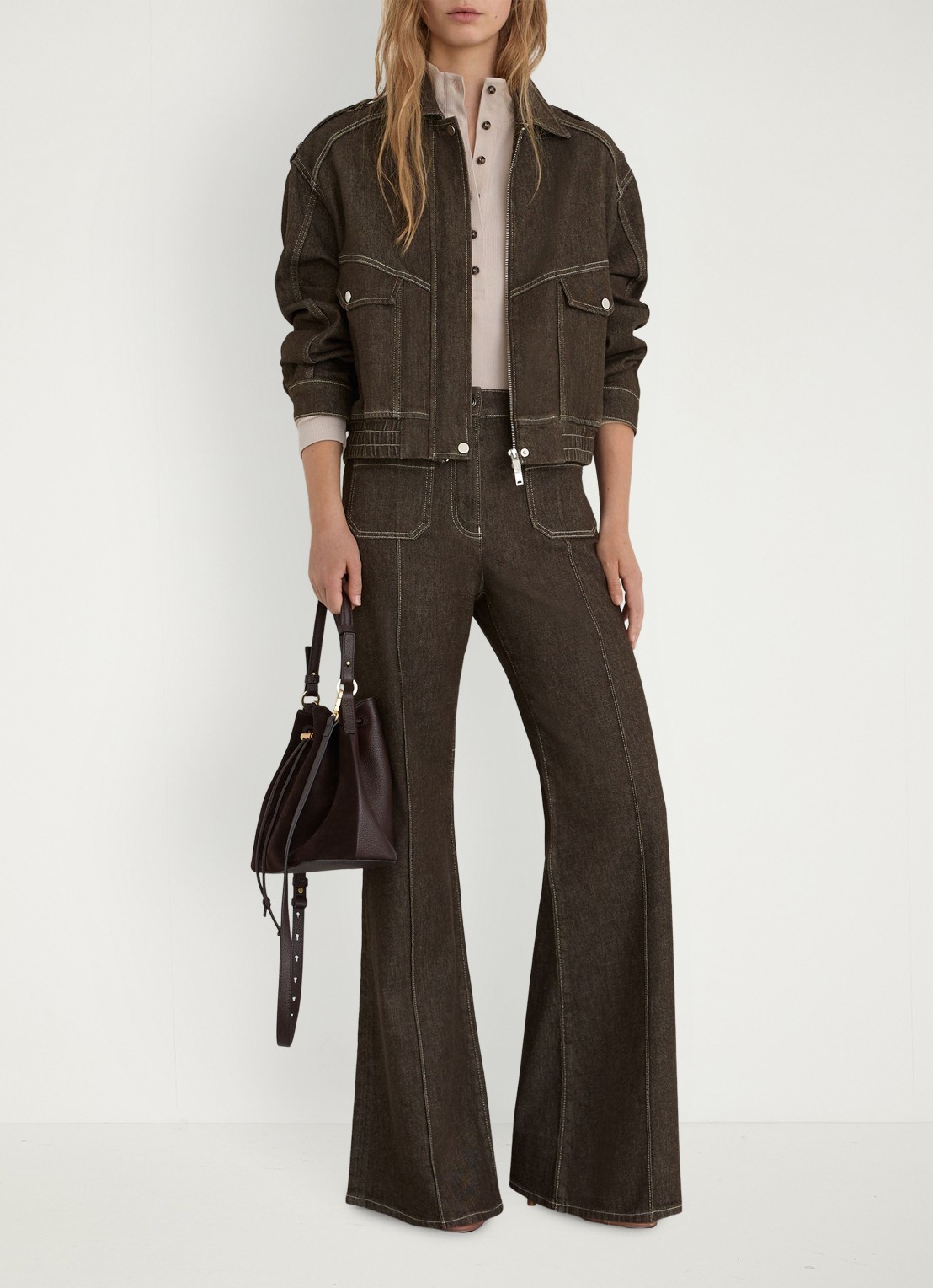 Reiss Sakura high waist flared jeans met opgestikte zakken - voorkant 3 khaki