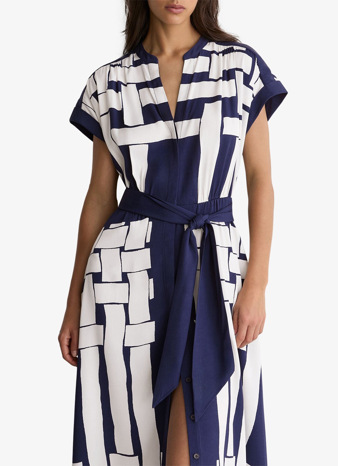 Reiss Samira midi jurk met print en strikceintuur - detail 4 navy / ivoor