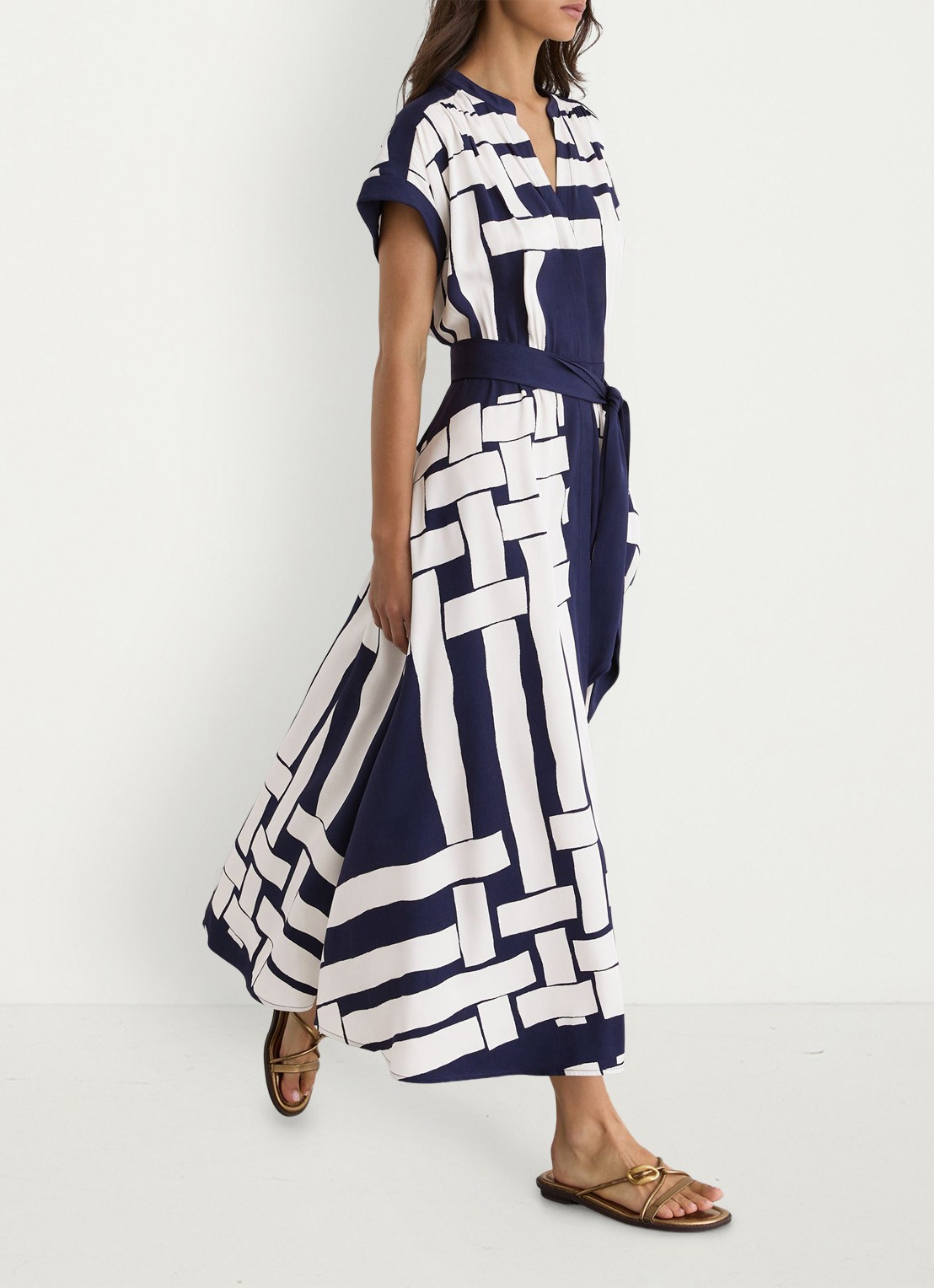 Reiss Samira midi jurk met print en strikceintuur - detail 6 navy / ivoor
