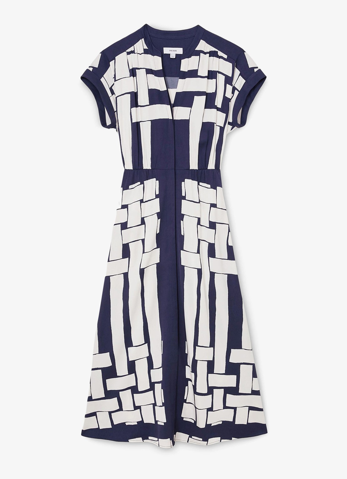 Reiss Samira midi jurk met print en strikceintuur - voorkant 2 navy / ivoor