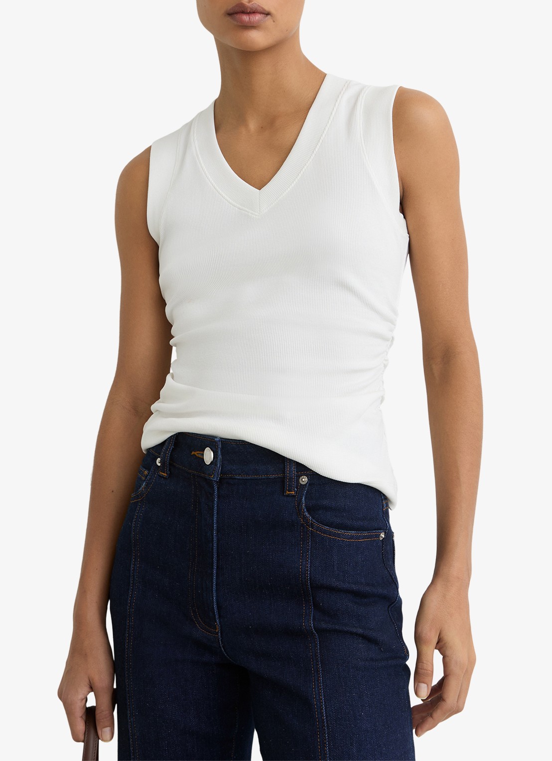 Reiss SANDY Stretch-Cotton Rib Ruched V-Neck Vest - detail wit