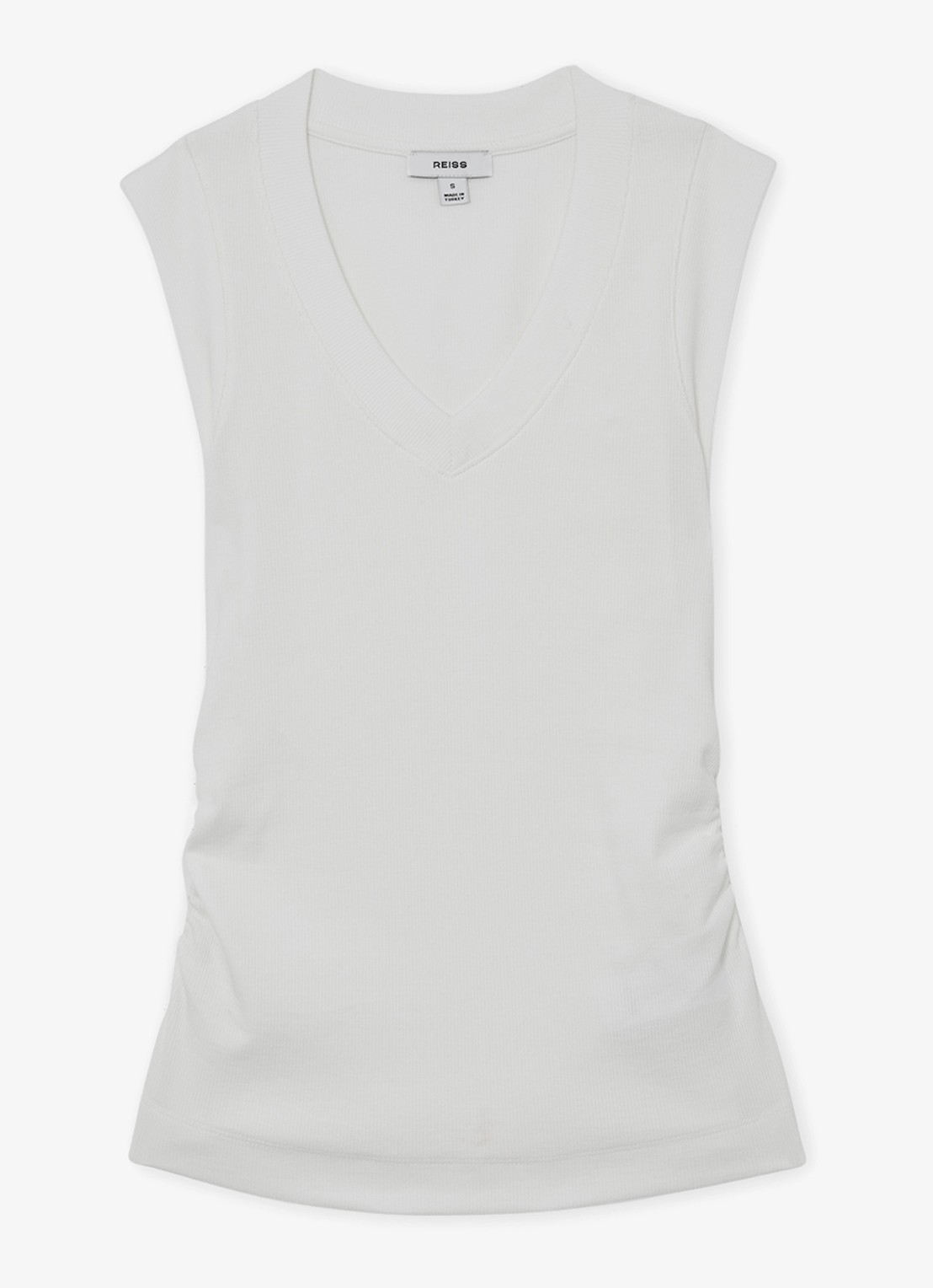 Reiss SANDY Stretch-Cotton Rib Ruched V-Neck Vest - voorkant 5 wit