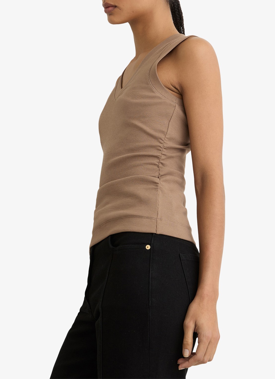 Reiss SANDY Stretch-Cotton Rib Ruched V-Neck Vest - detail 3 beige