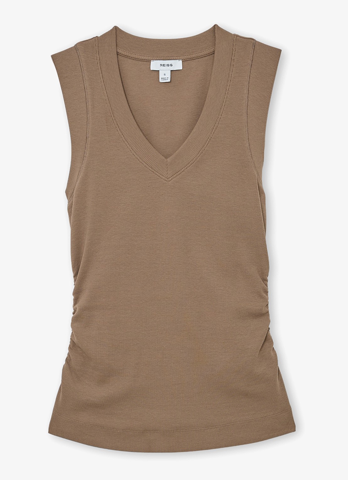 Reiss SANDY Stretch-Cotton Rib Ruched V-Neck Vest - voorkant 6 beige
