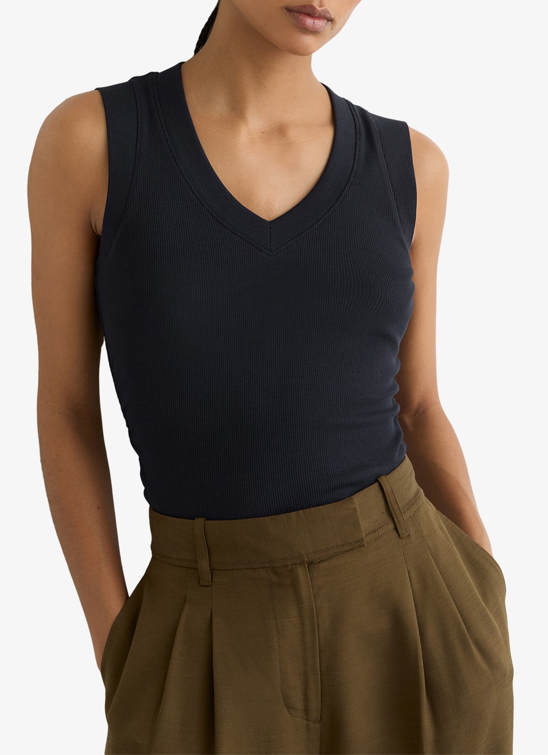 Reiss SANDY Stretch-Cotton Rib Ruched V-Neck Vest - detail 4 donkerblauw
