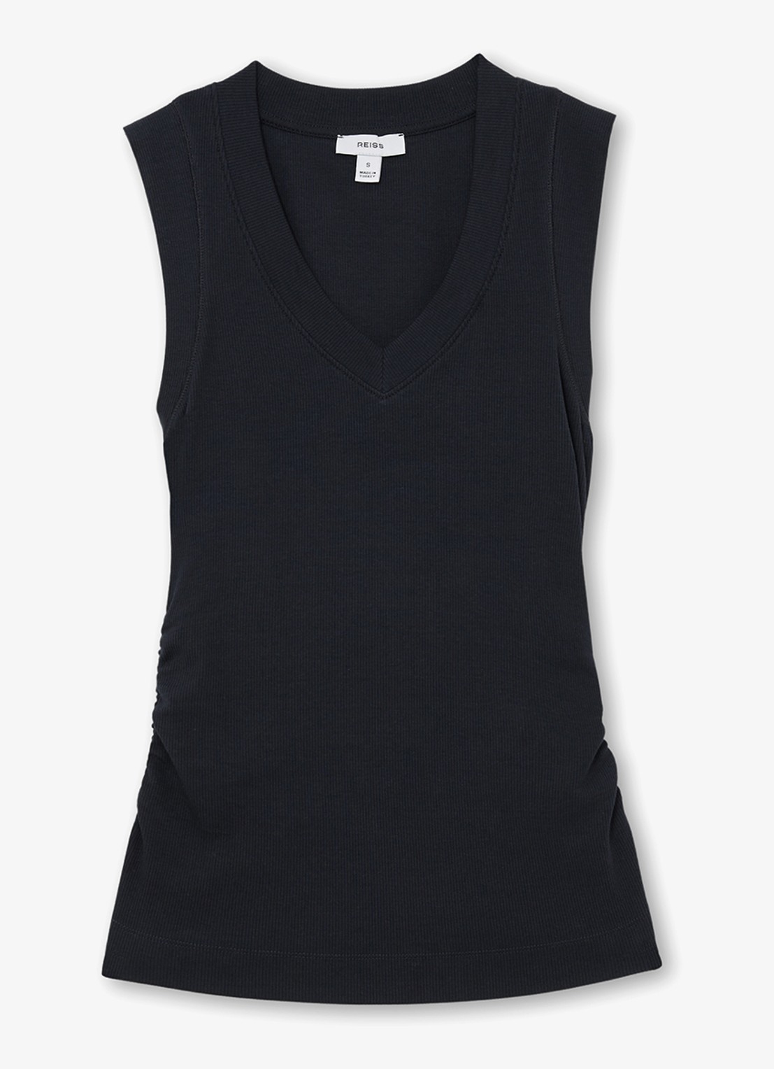 Reiss SANDY Stretch-Cotton Rib Ruched V-Neck Vest - voorkant donkerblauw