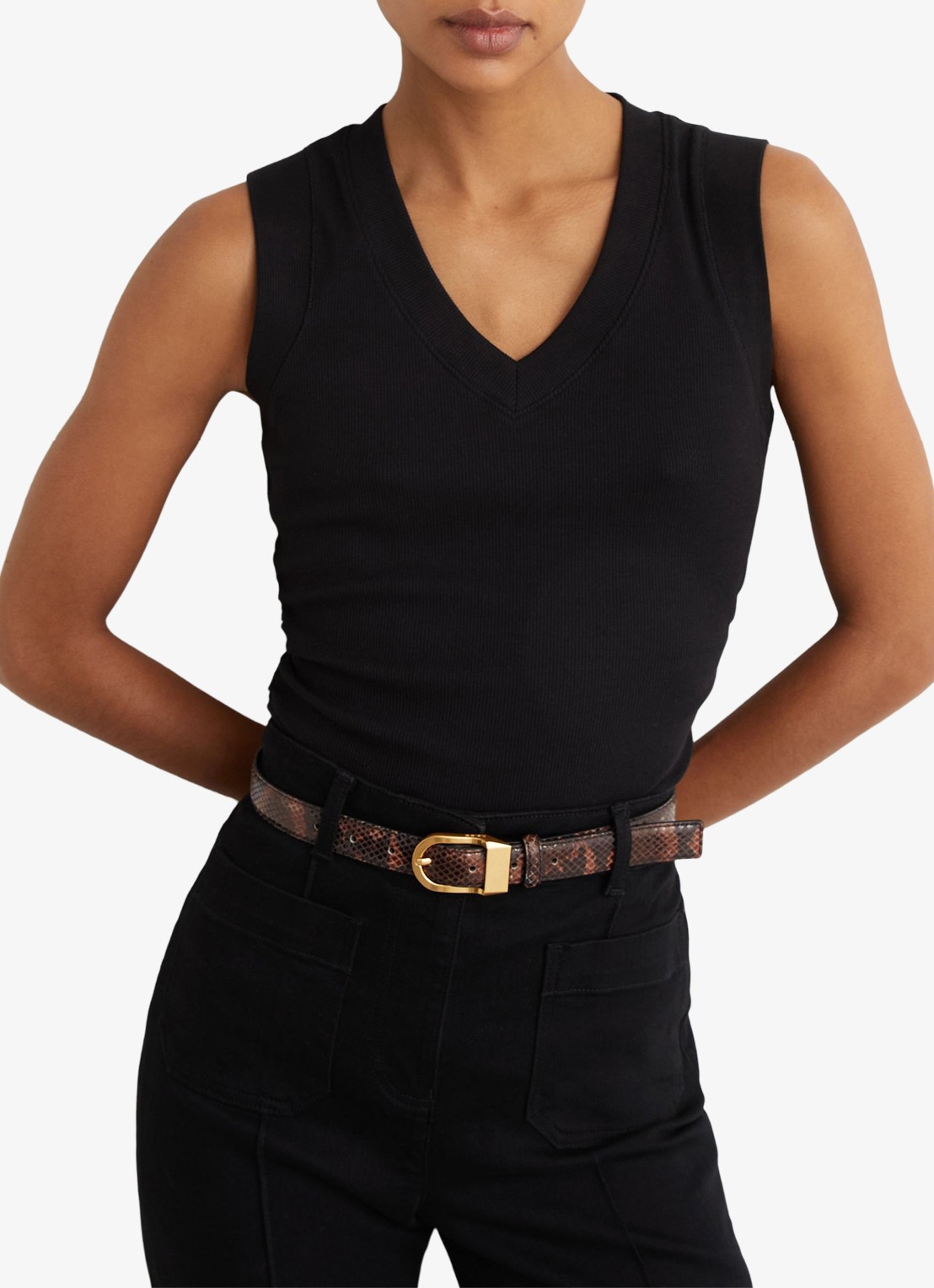 Reiss SANDY Stretch-Cotton Rib Ruched V-Neck Vest - detail black / zwart