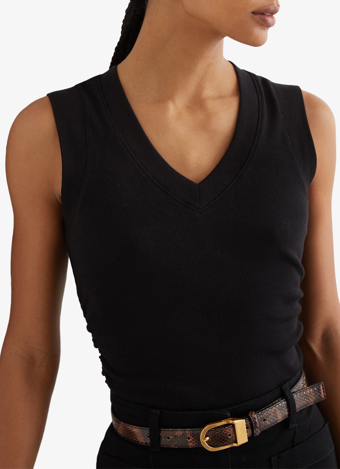 Reiss SANDY Stretch-Cotton Rib Ruched V-Neck Vest - detail 3 black / zwart