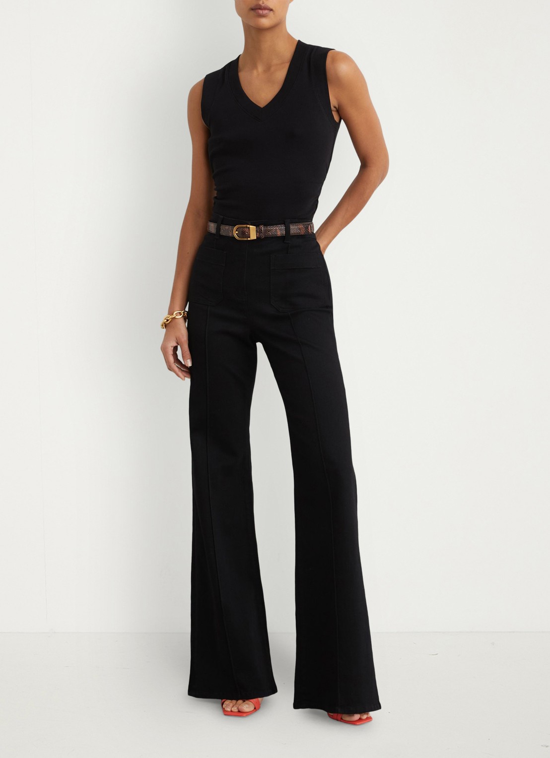 Reiss SANDY Stretch-Cotton Rib Ruched V-Neck Vest - voorkant 6 black / zwart