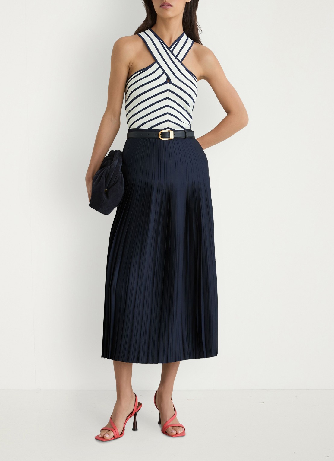 Reiss Savannah midi plooirok met split - voorkant 2 donkerblauw