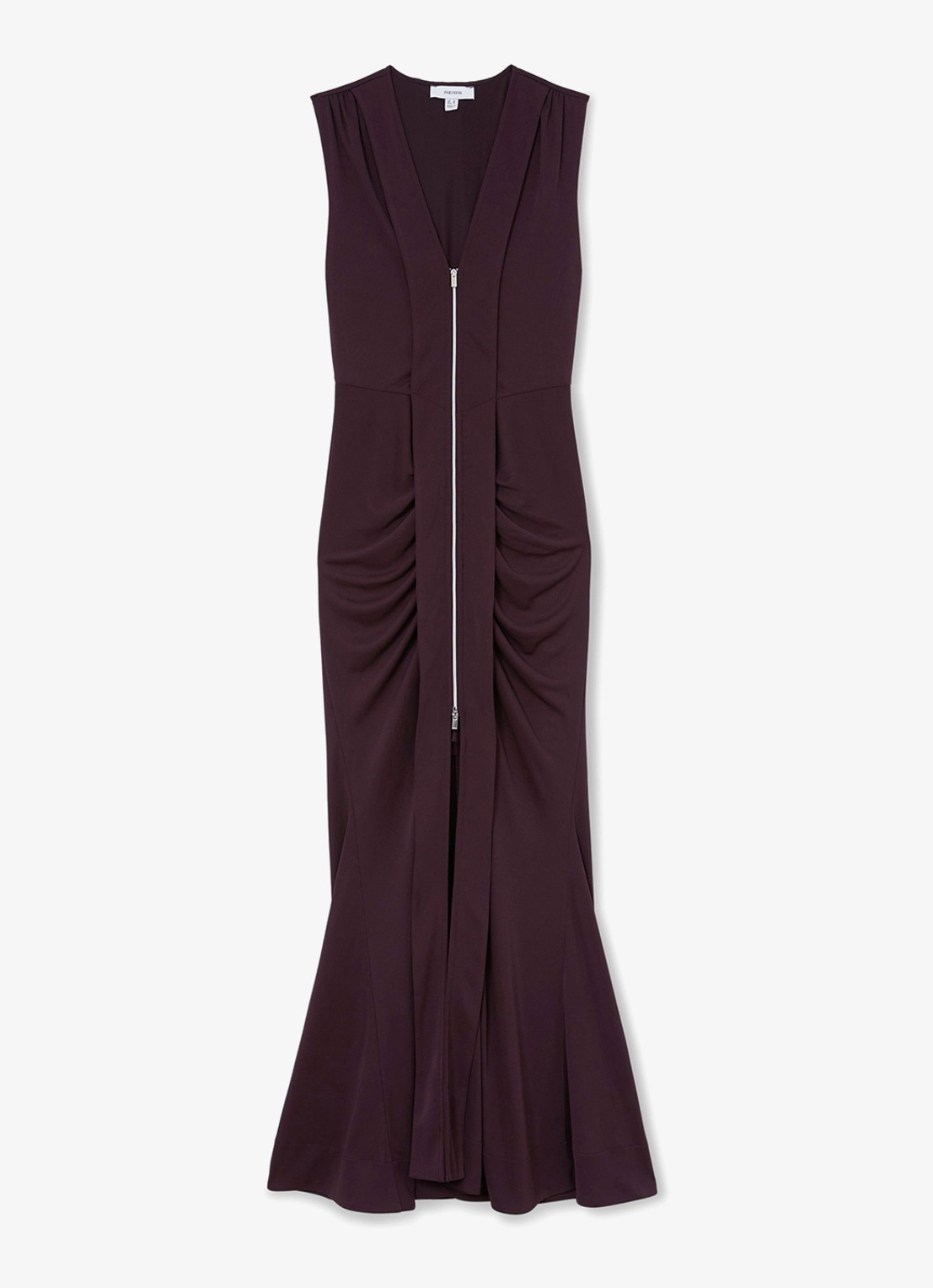 Reiss Scarlett maxi jurk van crêpe met ruches - voorkant chocoladebruin