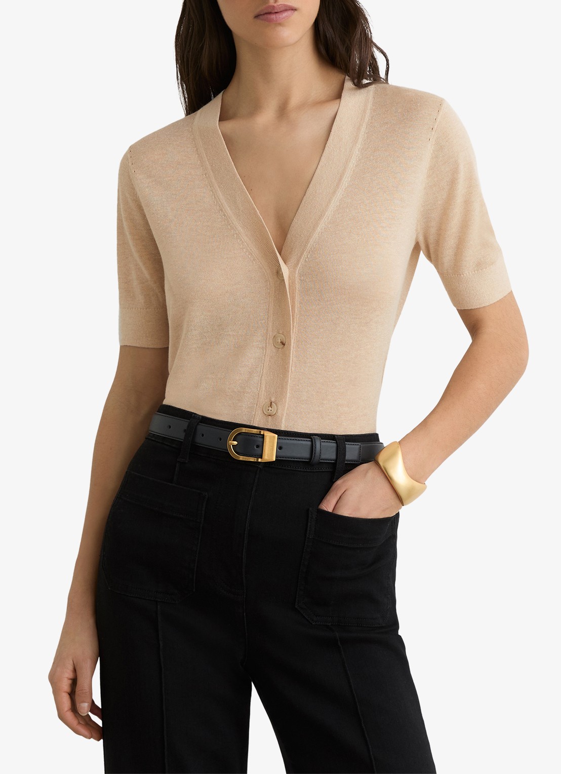Reiss Seren fijngebreid vest in linnenblend - detail 4 beige