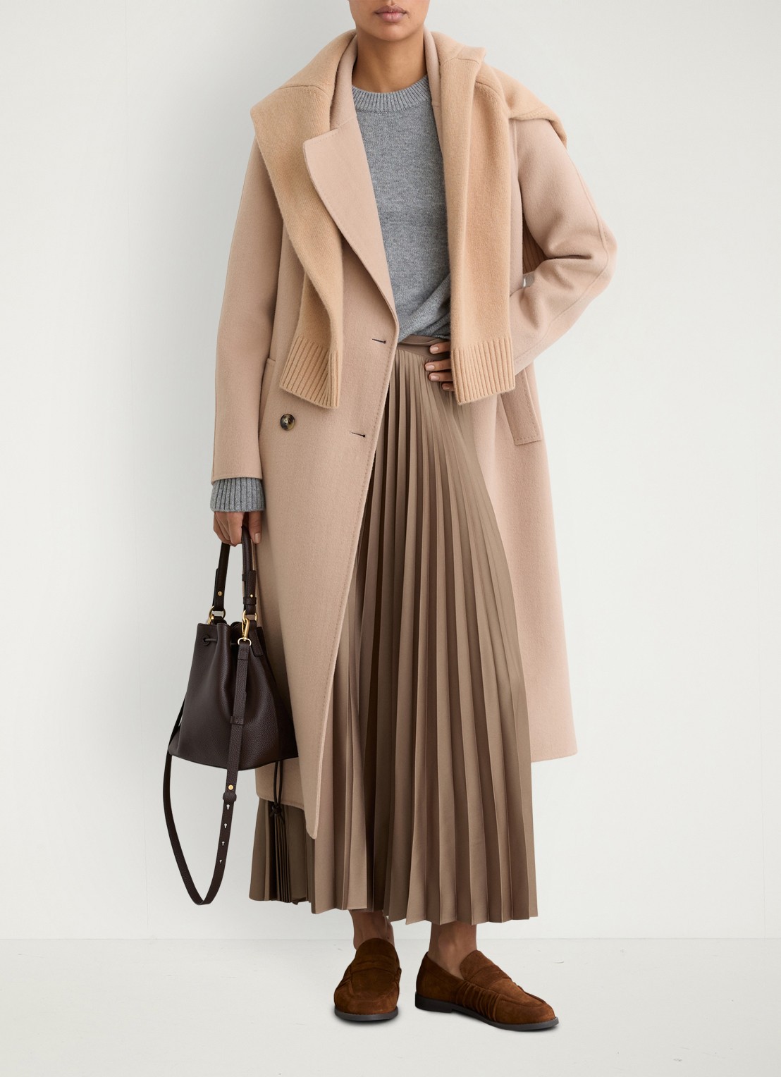 Reiss Seren midi rok met plissé - voorkant 2 camel