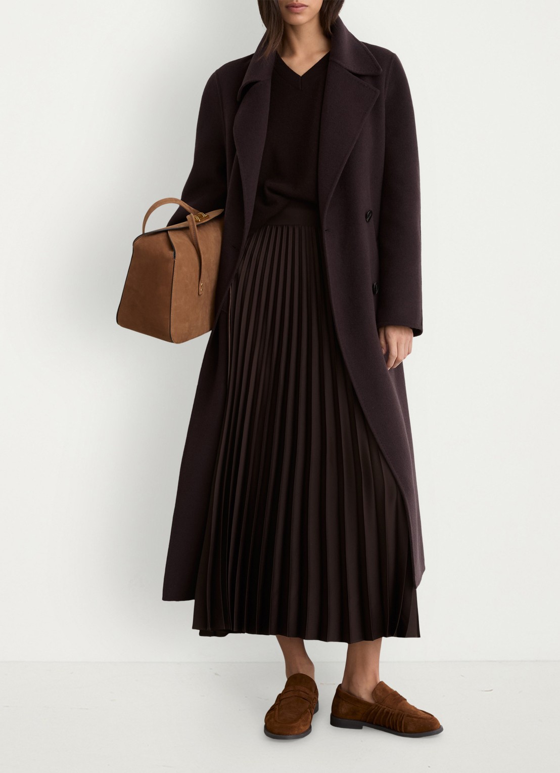 Reiss Seren midi rok met plissé - voorkant 3 chocoladebruin