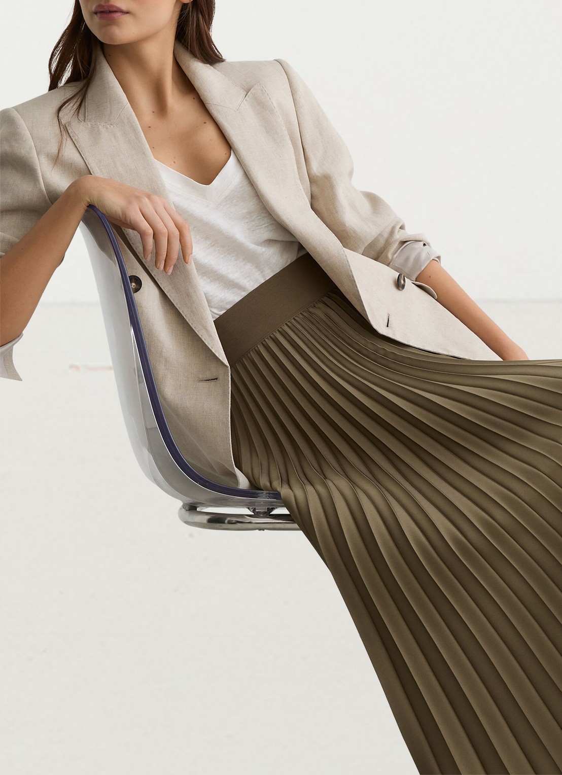 Reiss Seren midi rok met plissé - detail 4 khaki