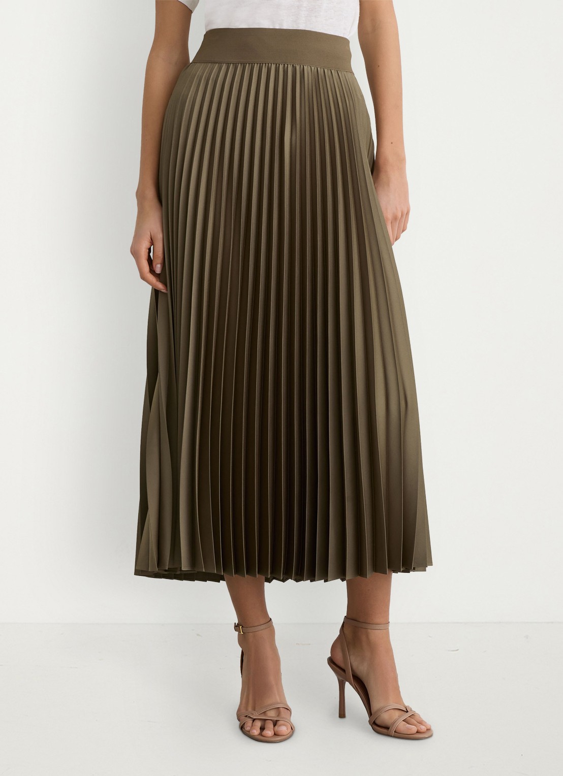 Reiss Seren midi rok met plissé - voorkant 2 khaki