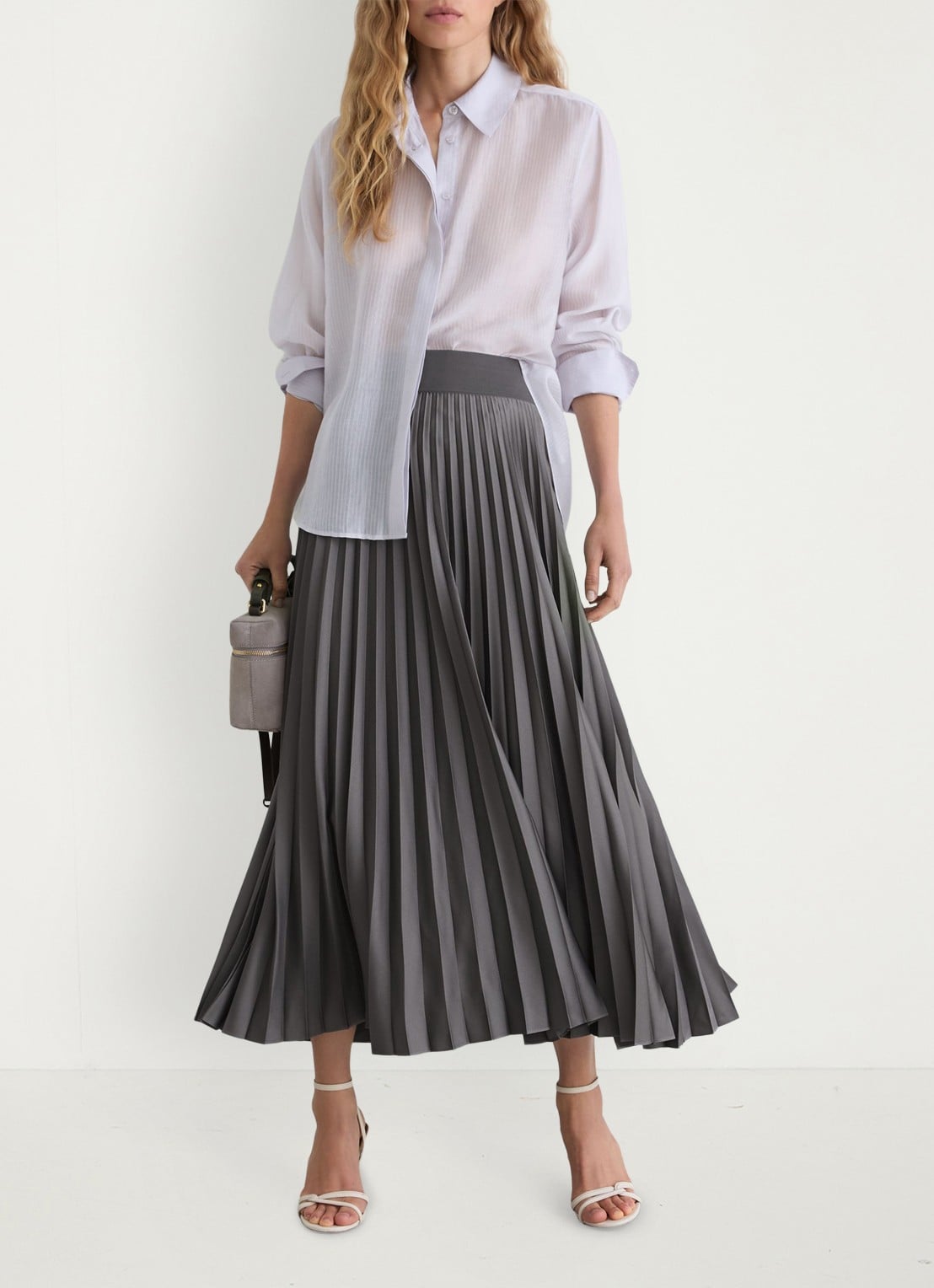Reiss Seren midi rok met plissé - voorkant 3 grey / grijs