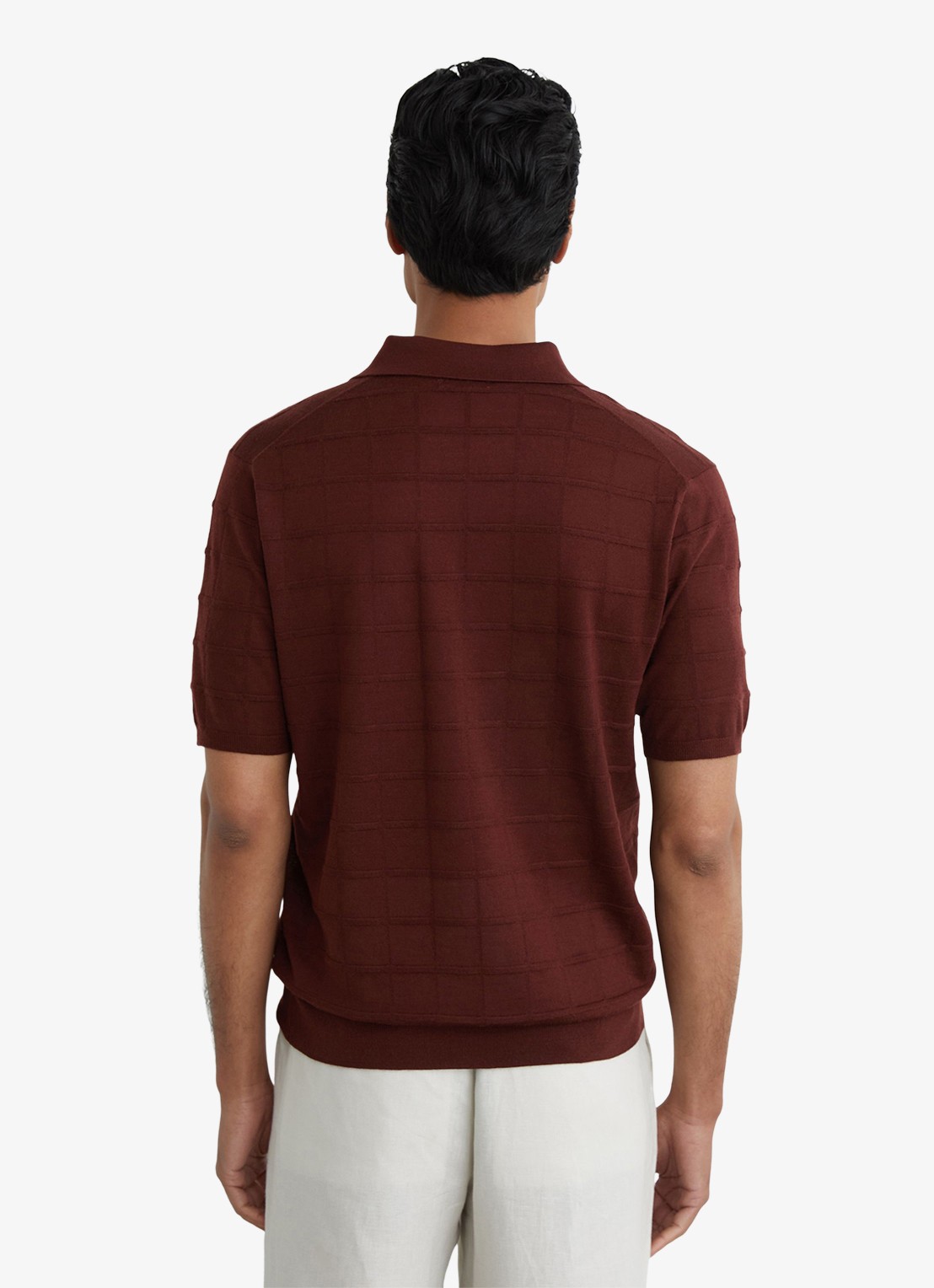 Reiss Serval regular fit polo in wolblend met ruitdessin - achterkant 3 bordeaux / rood