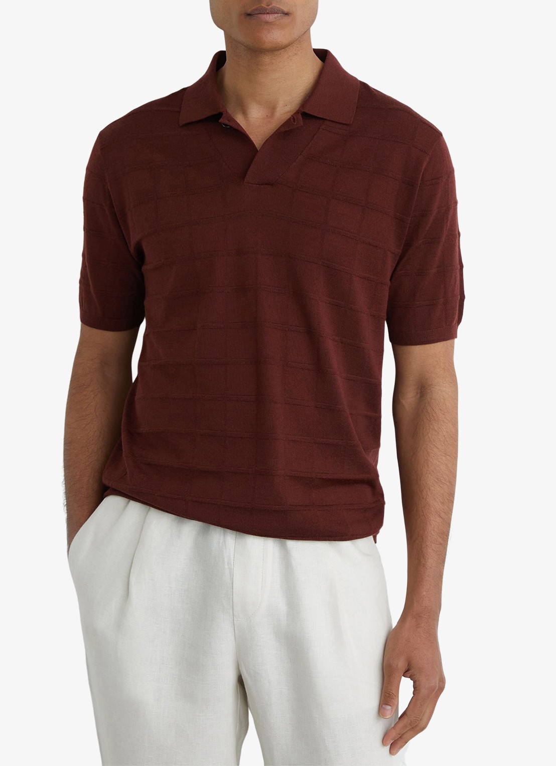 Reiss Serval regular fit polo in wolblend met ruitdessin - detail 4 bordeaux / rood