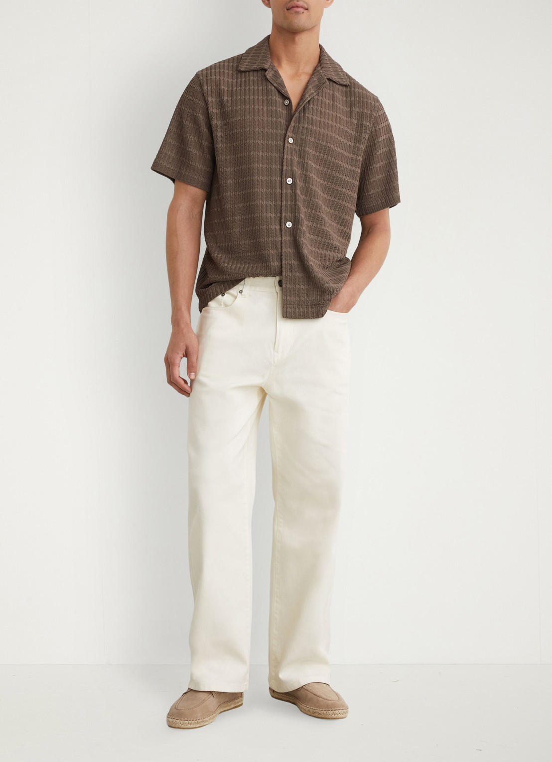 Reiss SID Chevron-Crochet Cuban-Collar Shirt - voorkant 6 taupe brown / bruin