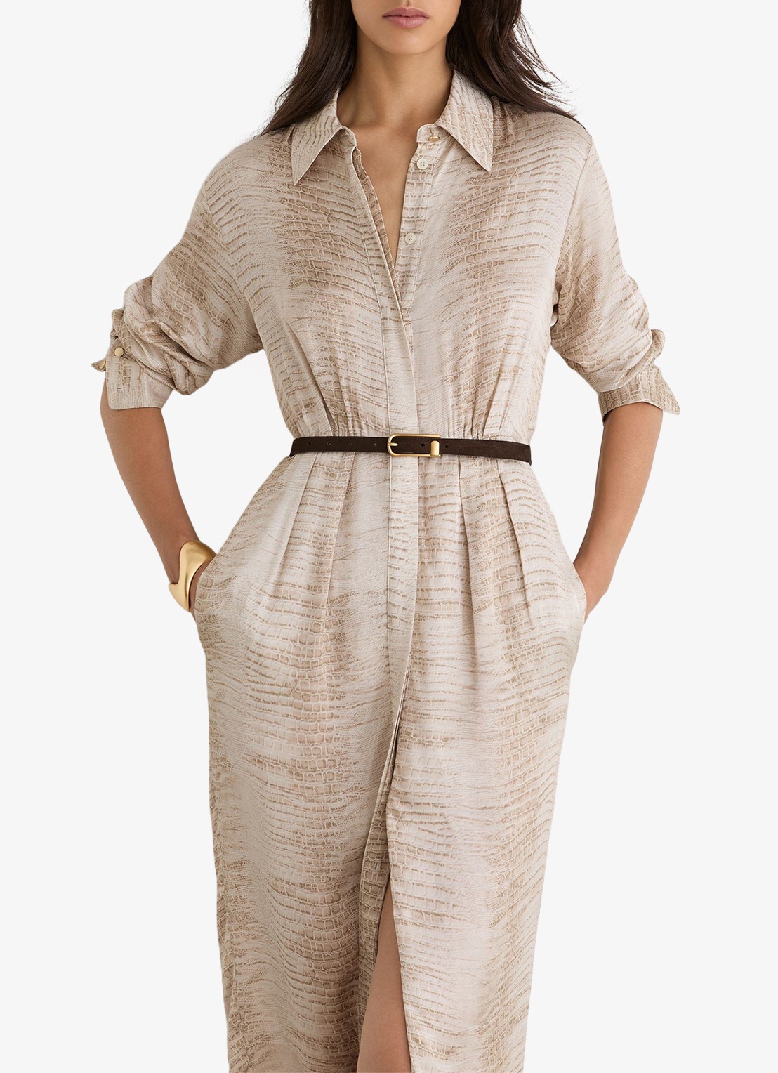 Reiss Sienna midi blousejurk met slangenprint en ceintuur - detail 6 neutral / beige