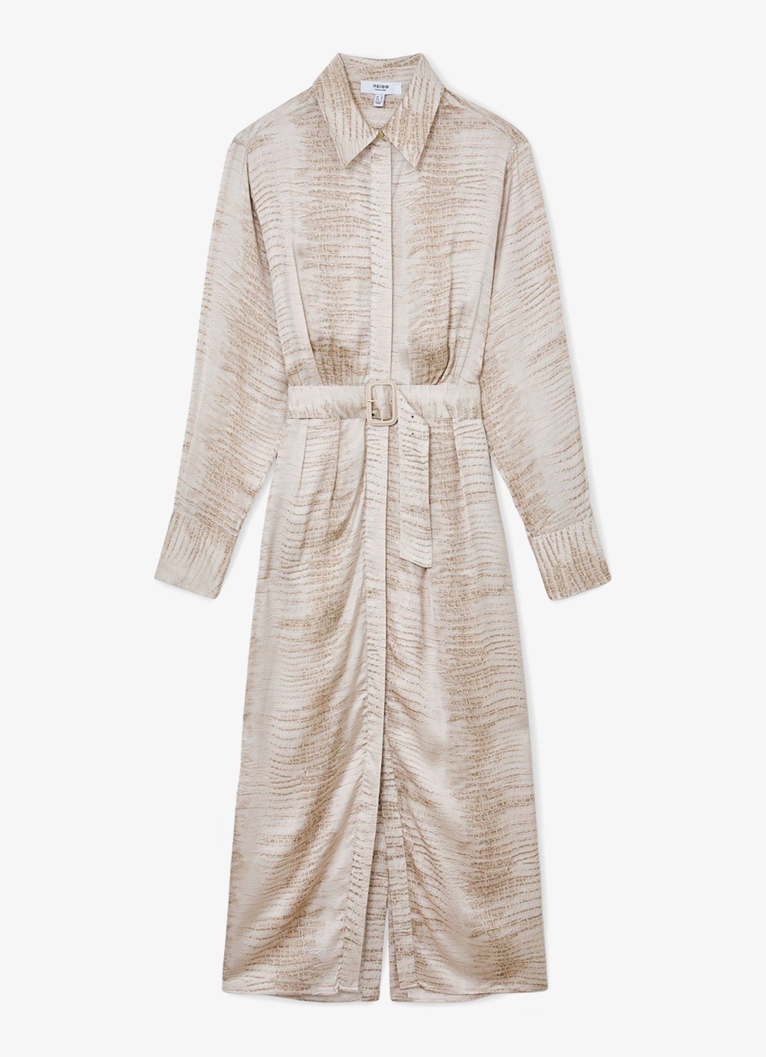 Reiss Sienna midi blousejurk met slangenprint en ceintuur - voorkant neutral / beige