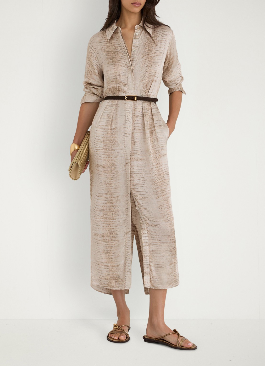 Reiss Sienna midi blousejurk met slangenprint en ceintuur - voorkant 2 neutral / beige