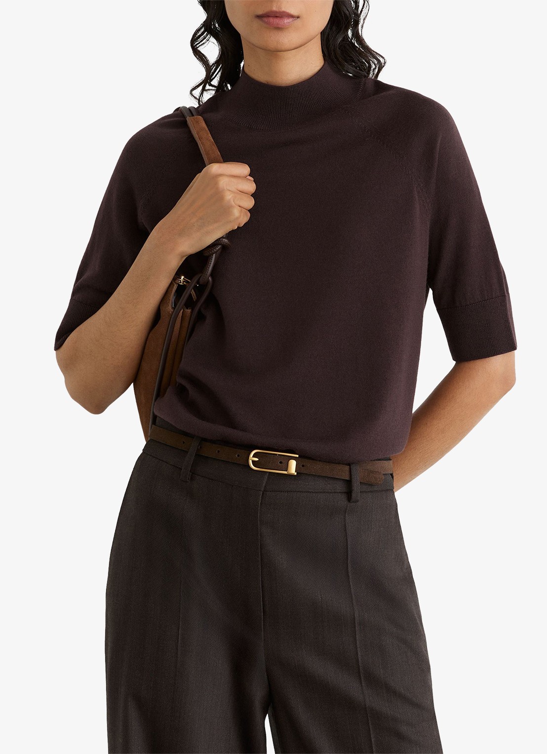 Reiss Sienna top in wolblend met opstaande kraag - detail donkerbruin