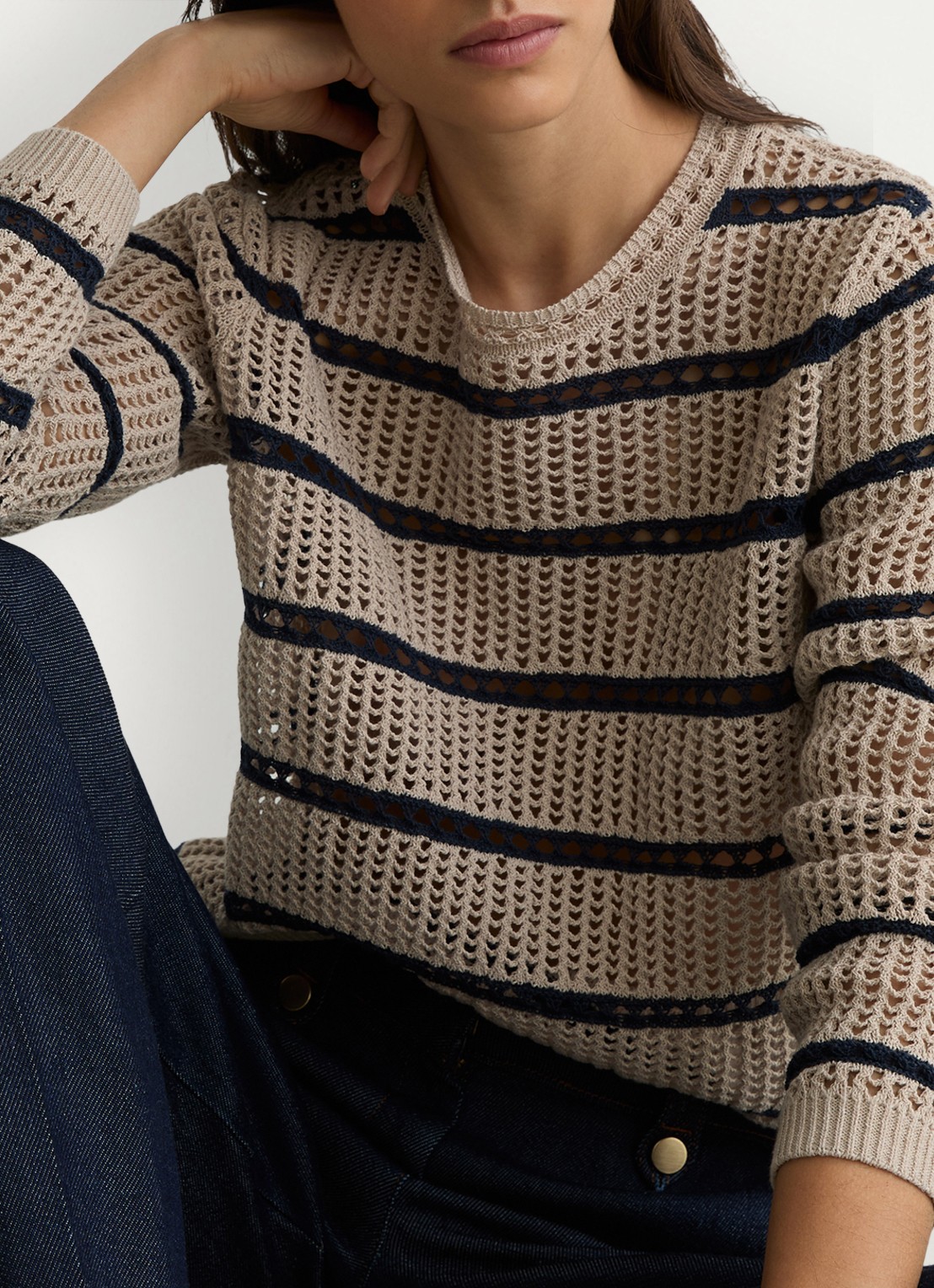 Reiss Skylar grofgebreide trui met streepprint - detail 5 creme