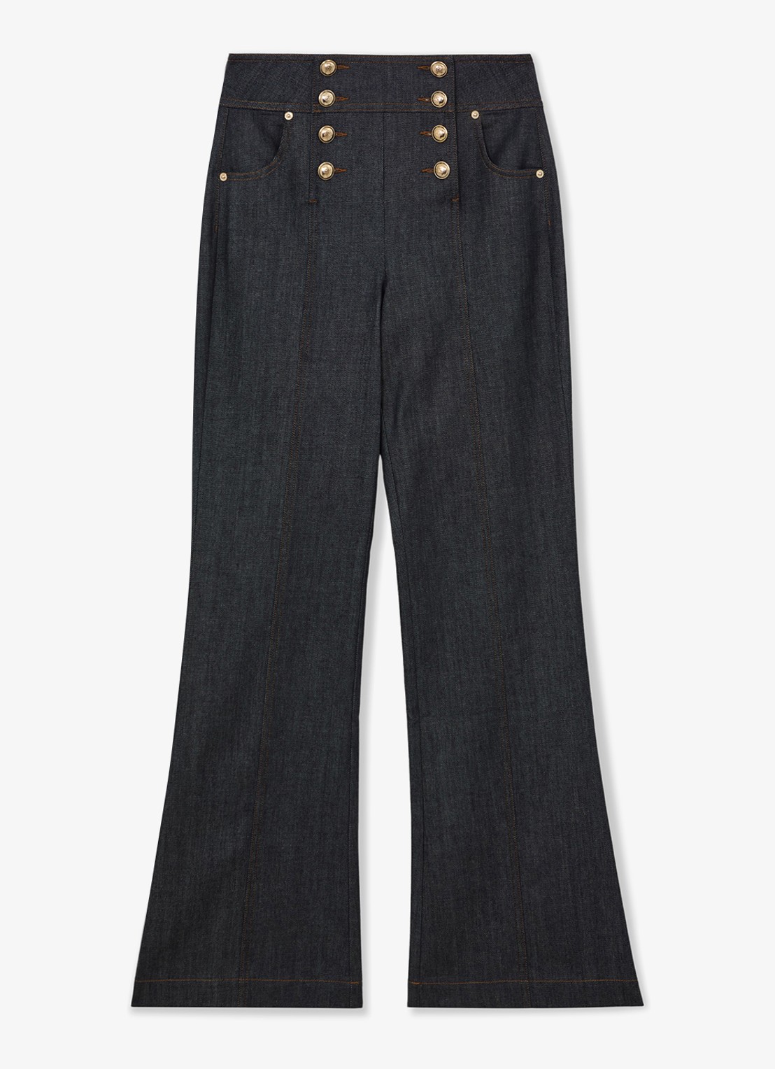 Reiss Skylar high waist flared jeans met knoop details - voorkant denim