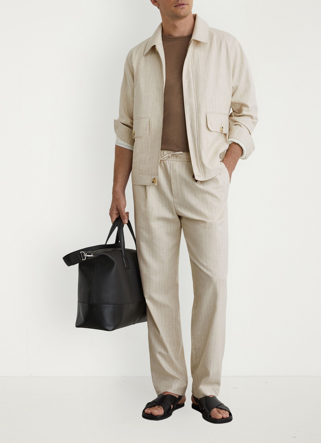 Reiss Slayman tapered fit pantalon in linnenblend met krijtstreep - voorkant 3 gebroken wit