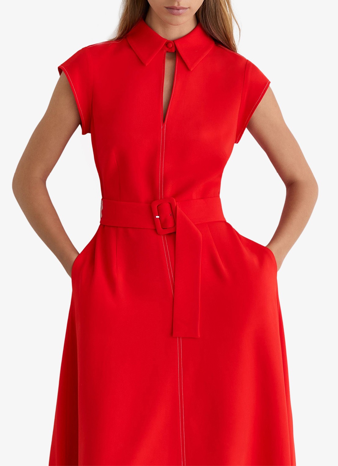Reiss Sloane midi jurk met ceintuur - detail 3 rood