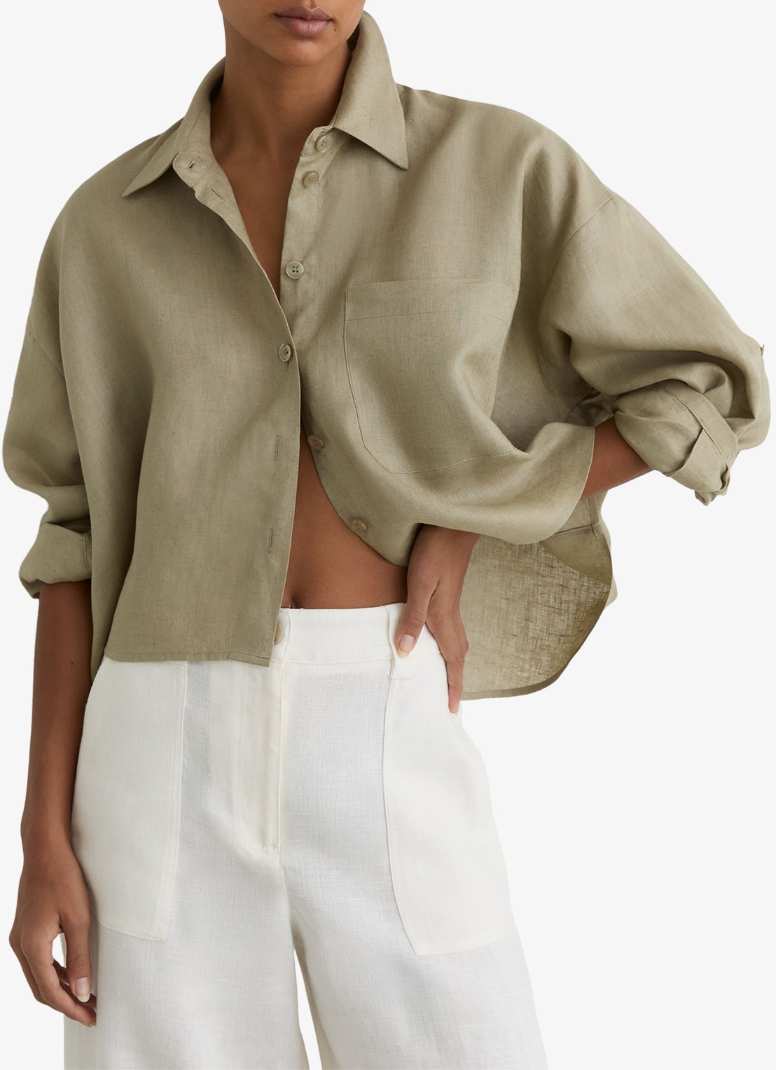 Reiss Solena oversized cropped blouse van linnen - detail 2 groen