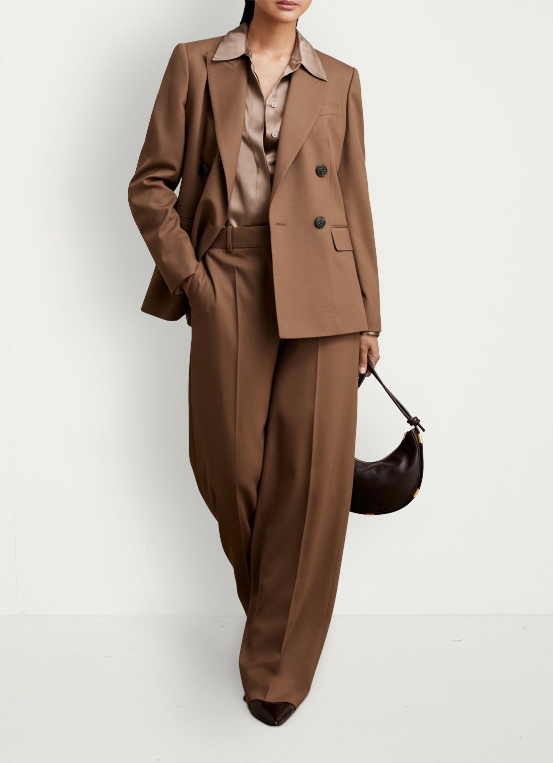 Reiss SOLENE Wool-Blend Wide-Leg Suit Trousers - voorkant 3 hazelnootbruin