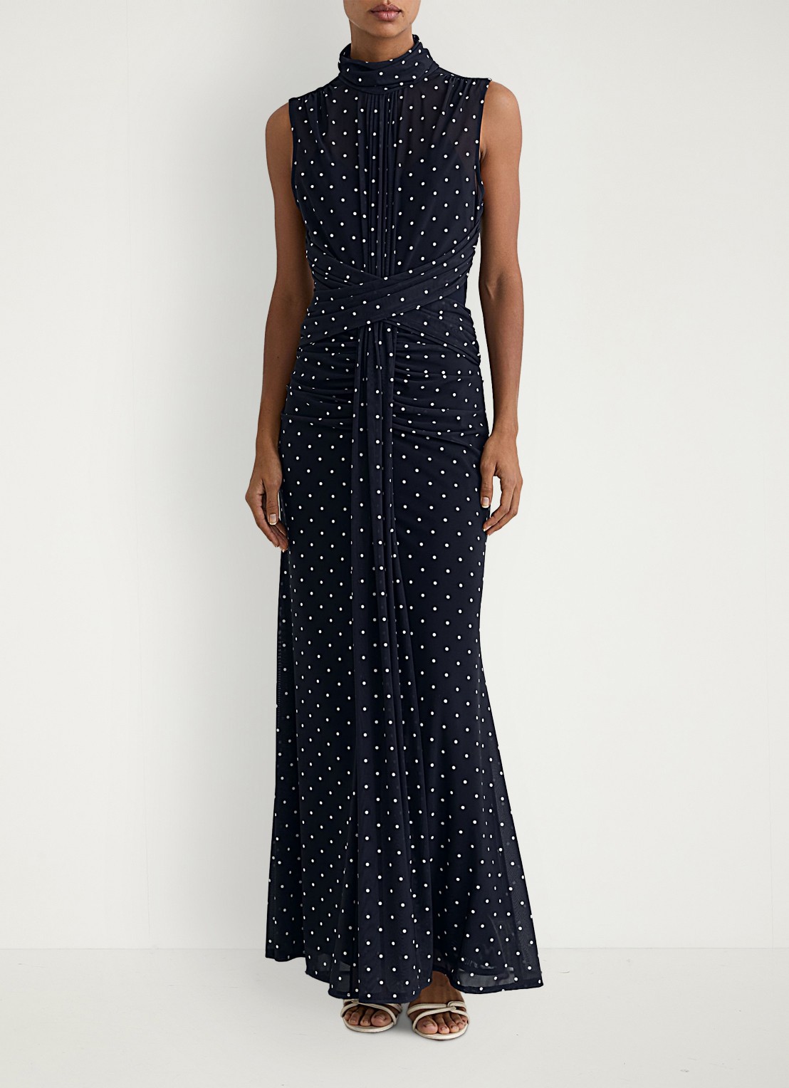 Reiss Stacey maxi jurk met stippenprint - voorkant 2 donkerblauw