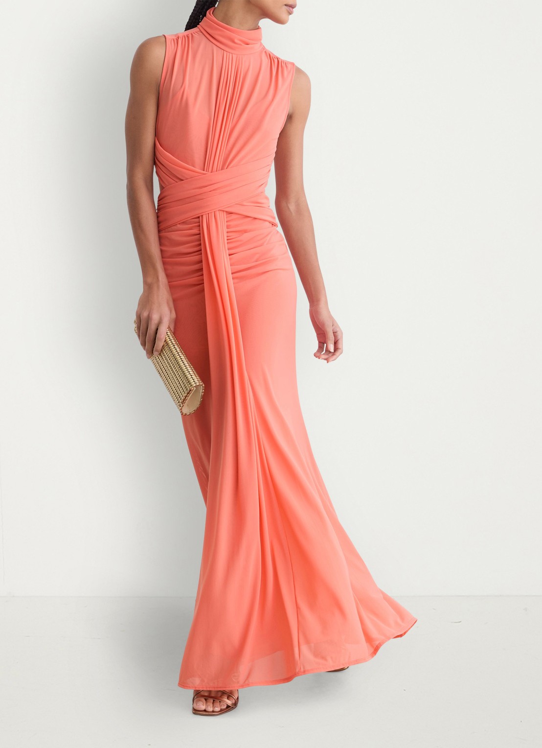 Reiss Starla maxi jurk met ruches - voorkant 2 koraal