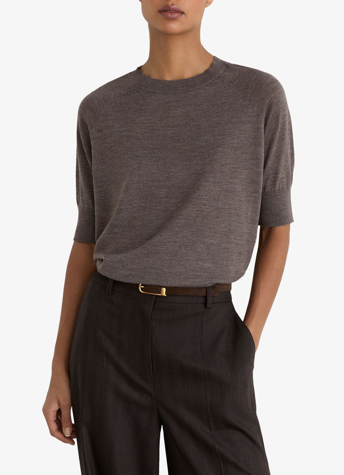 Reiss Suzzie fijngebreid T-Shirt in merino wolblend - detail 3 bruin