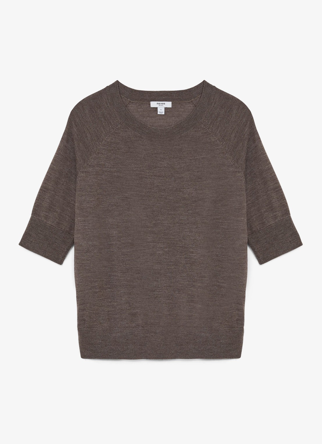 Reiss Suzzie fijngebreid T-Shirt in merino wolblend - voorkant bruin