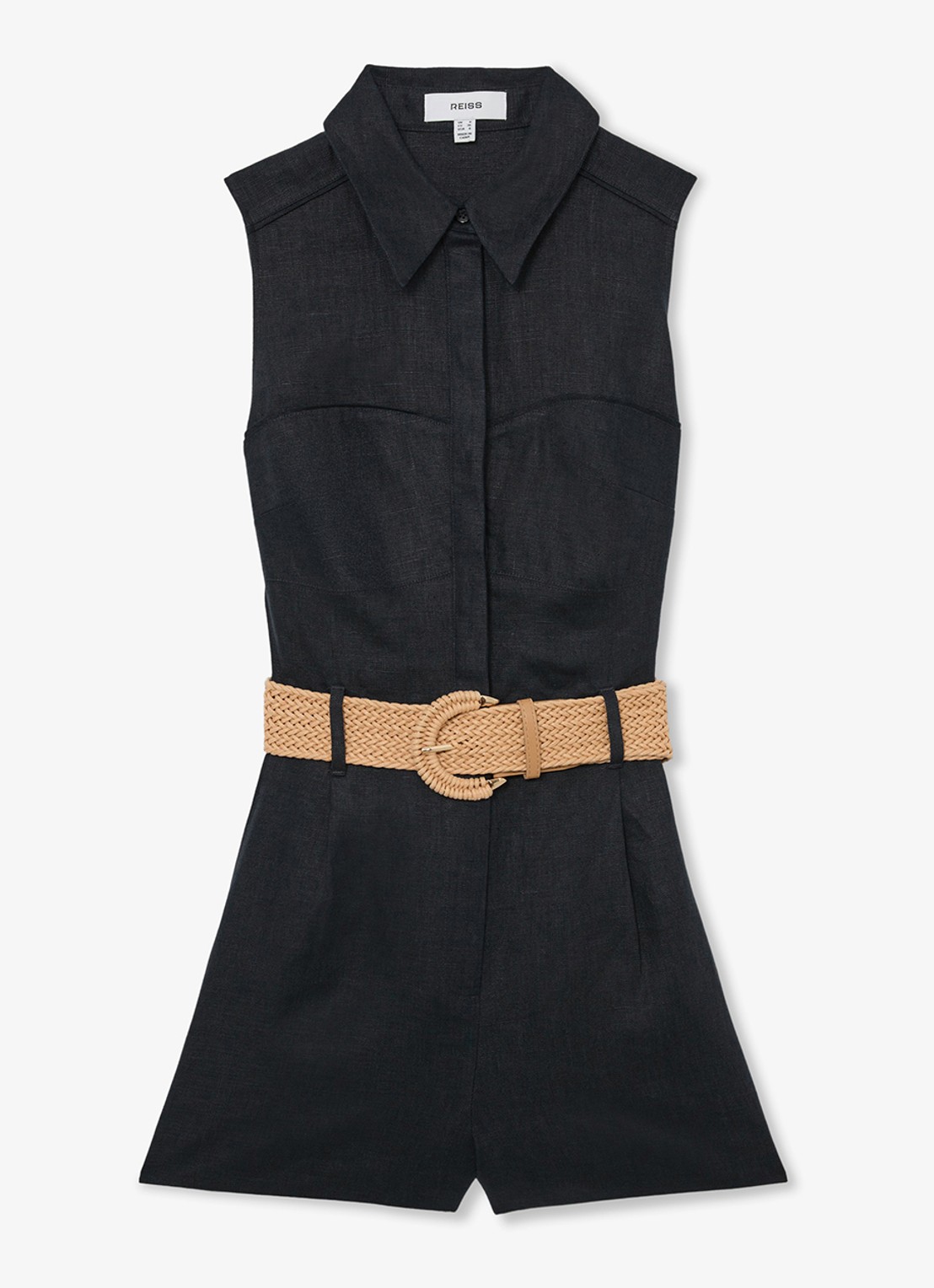 Reiss Taylor playsuit van linnen met ceintuur - voorkant donkerblauw
