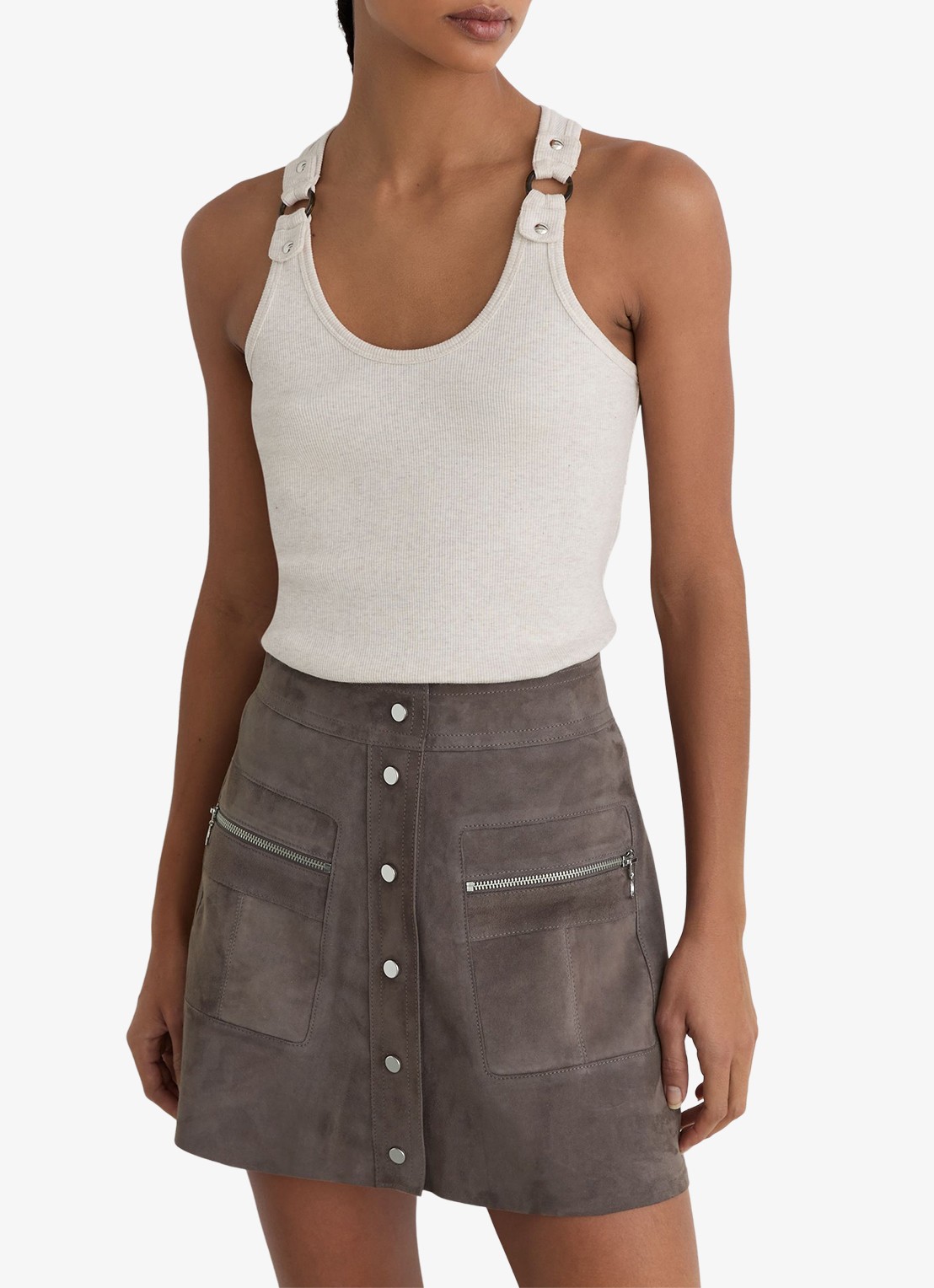 Reiss Tia minirok van geitensuède met ritszakken  - detail dark grey / grijs