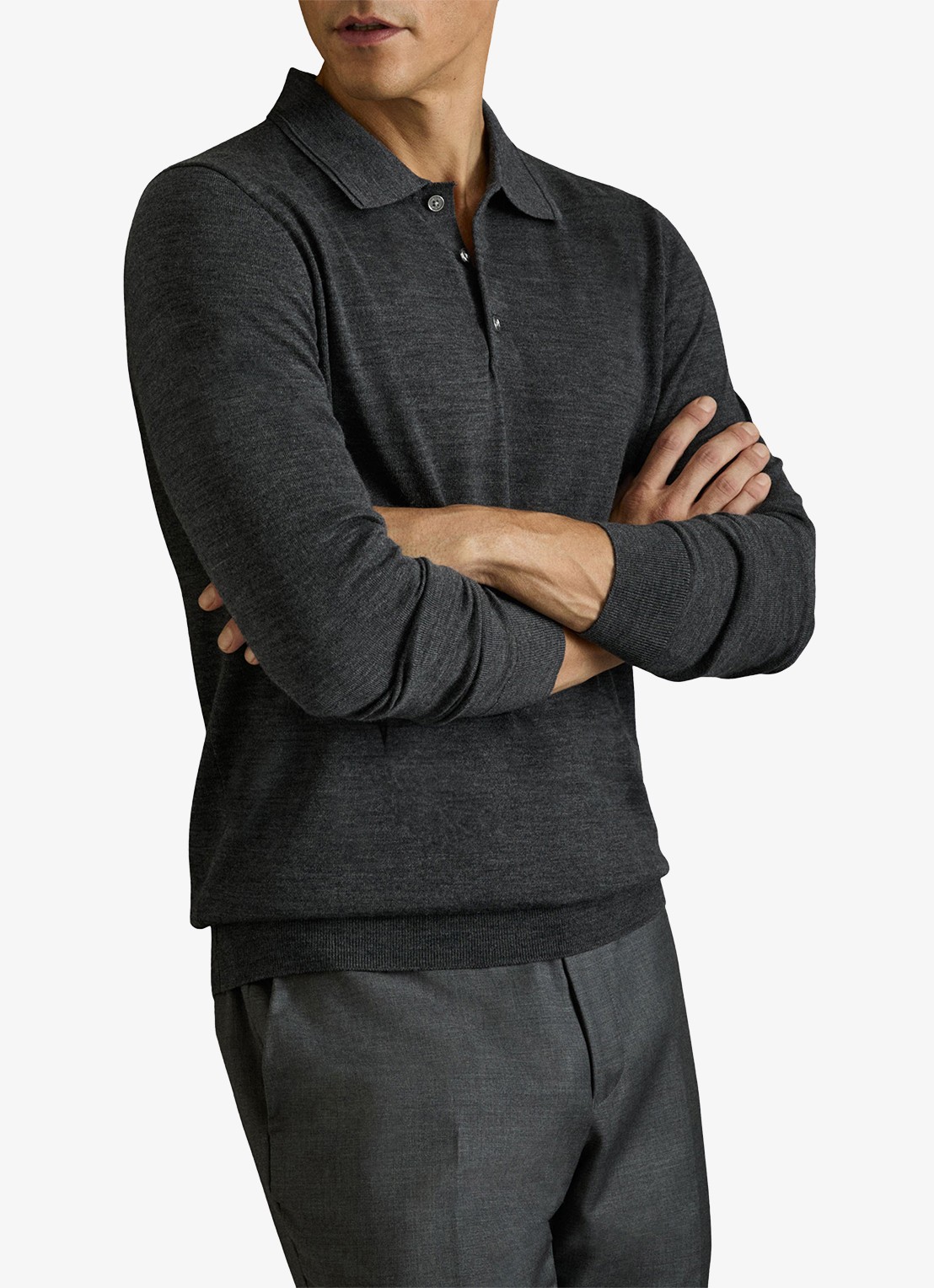 Reiss Trafford regular fit fijngebreide polo van merino wol - detail 3 donkergrijs