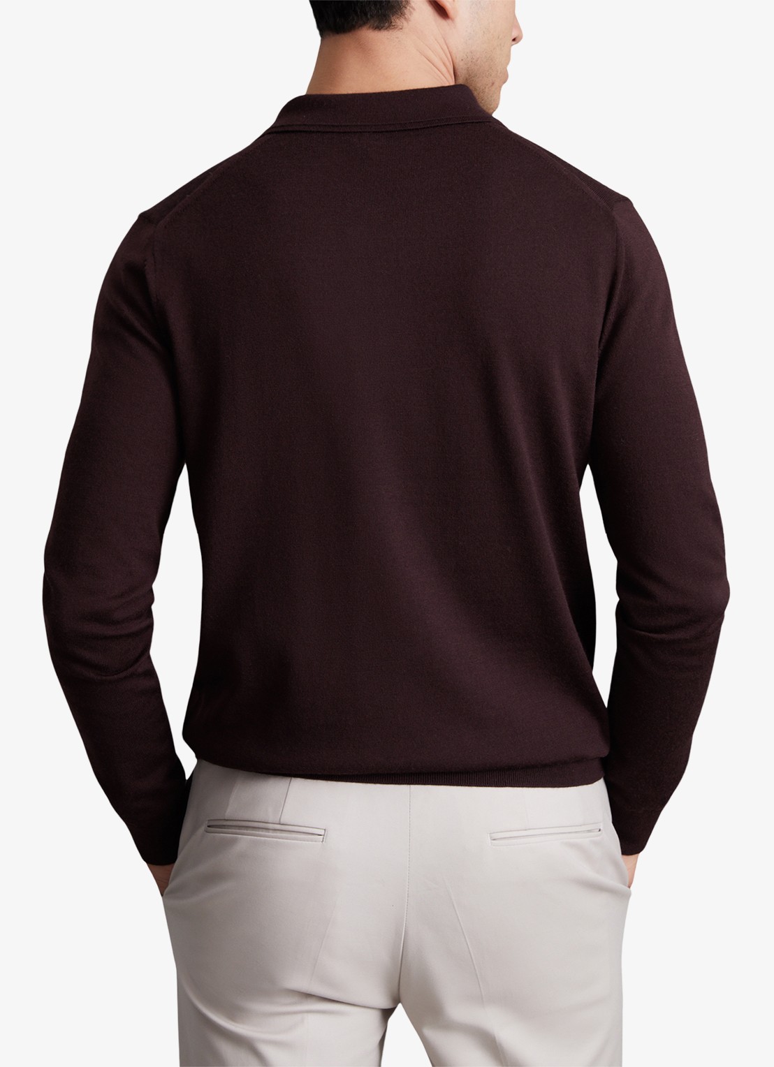 Reiss Trafford regular fit fijngebreide polo van merino wol - achterkant bordeauxrood