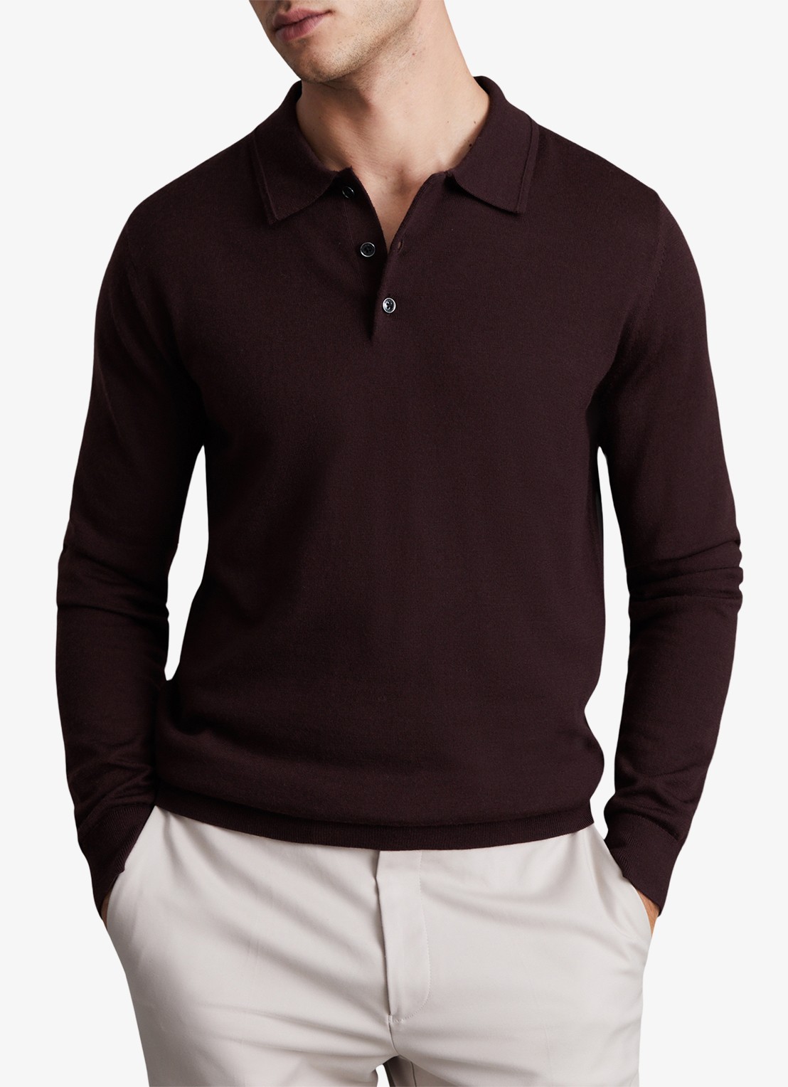 Reiss Trafford regular fit fijngebreide polo van merino wol - detail 2 bordeauxrood
