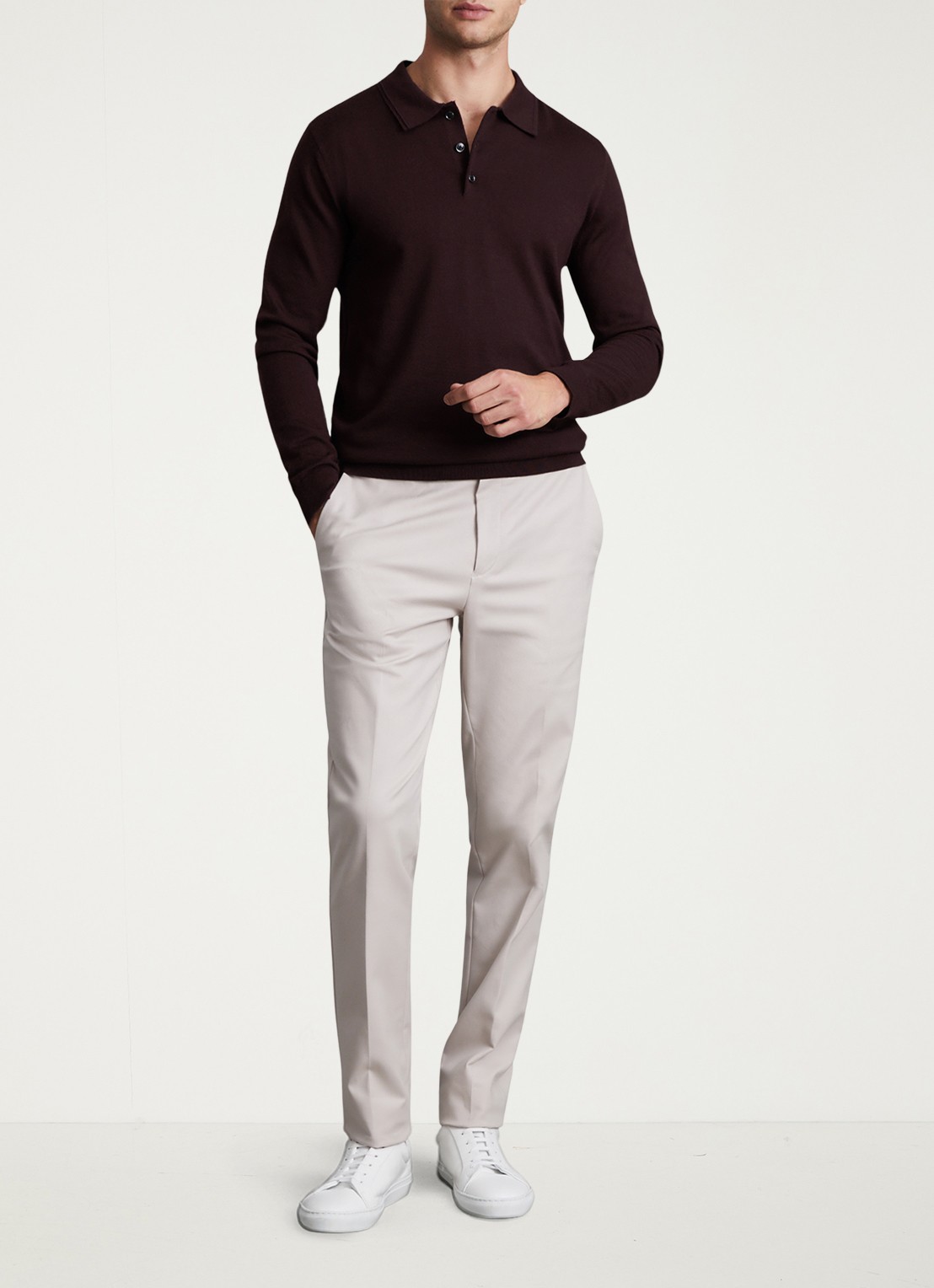 Reiss Trafford regular fit fijngebreide polo van merino wol - voorkant 5 bordeauxrood