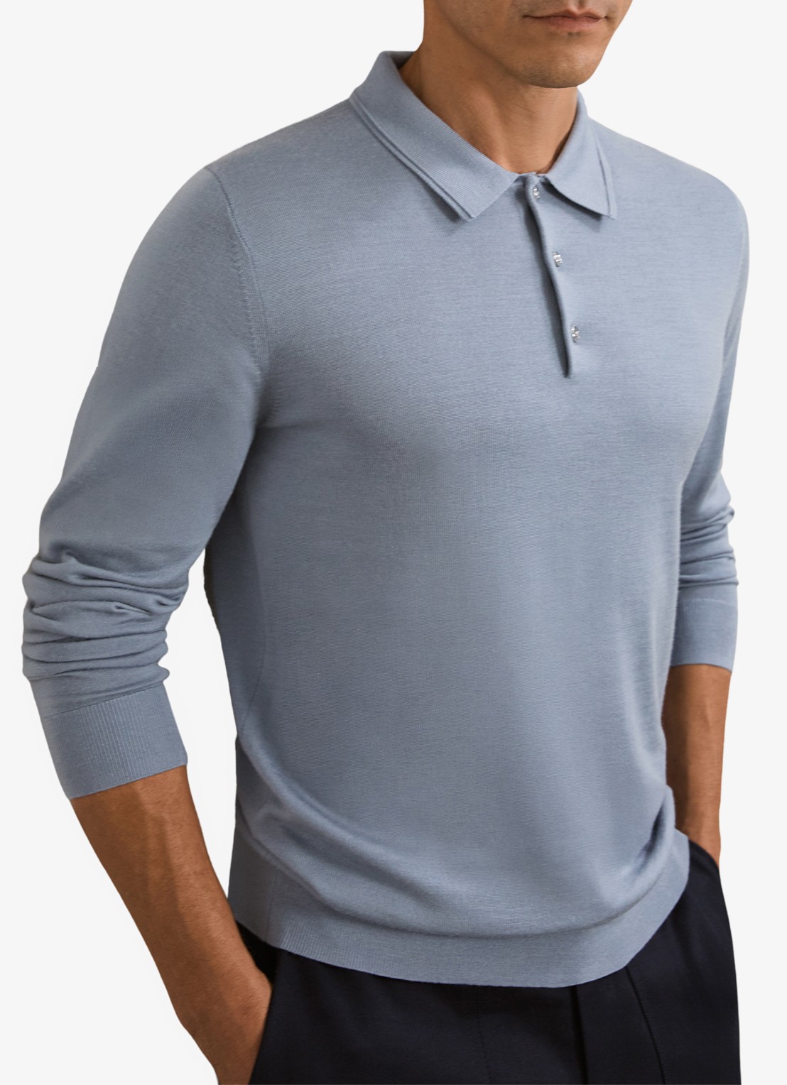 Reiss Trafford sweater van merino wol met polokraag  - detail 3 staalblauw