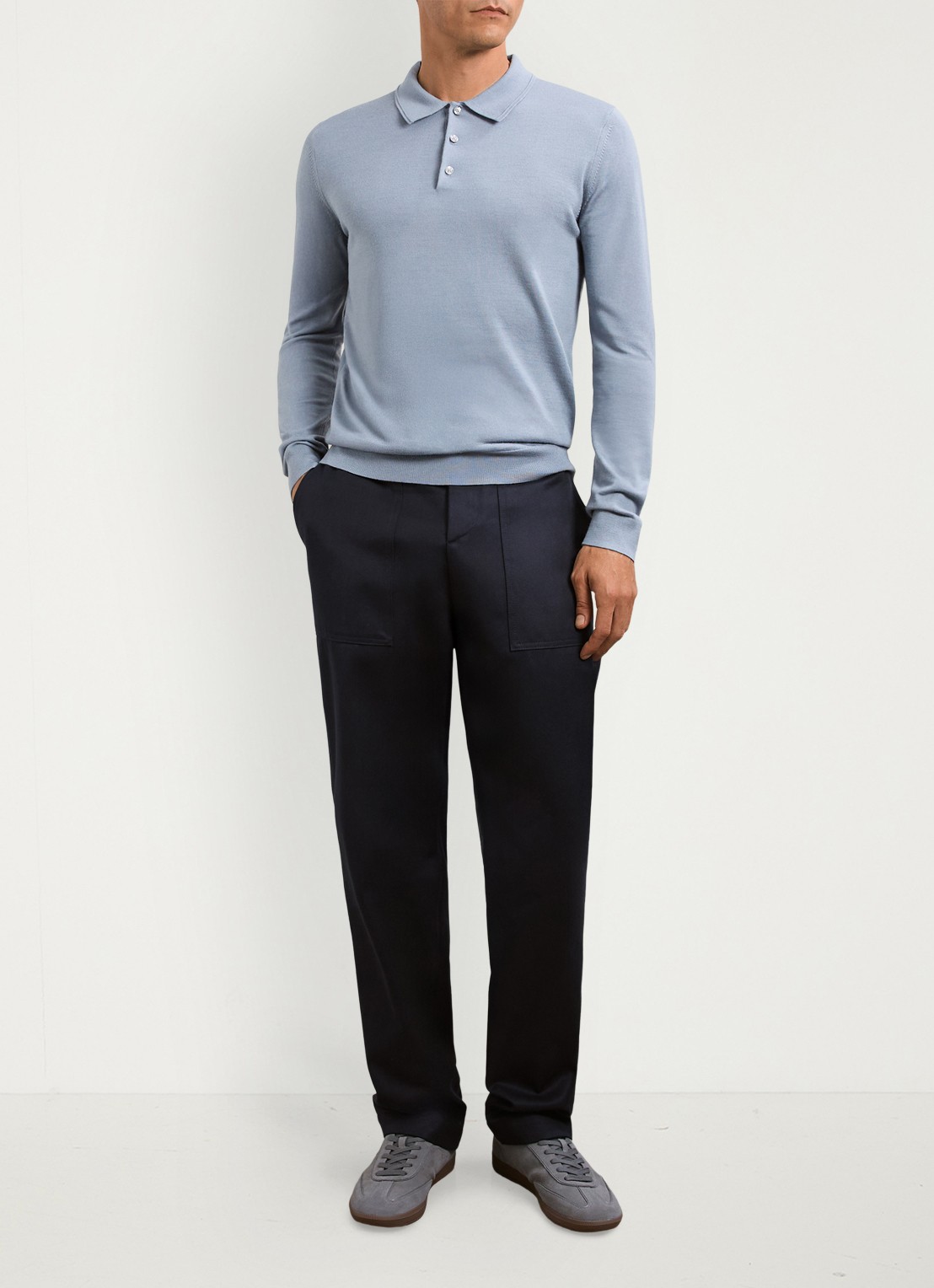 Reiss Trafford sweater van merino wol met polokraag  - voorkant 2 staalblauw